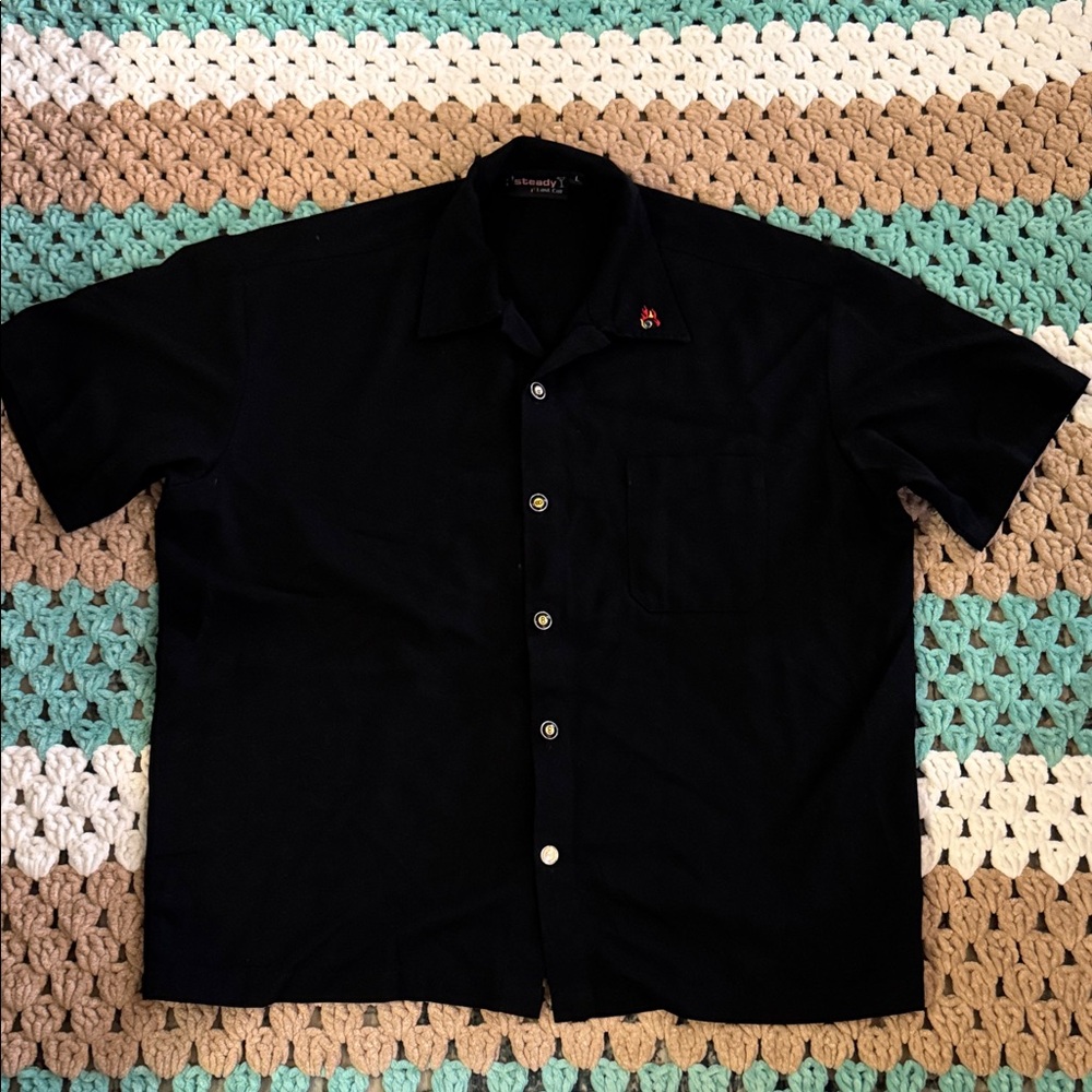 Black Flaming 8 Ball Rockabilly Short Sleeve Button Down Shirt Men’s sz Large